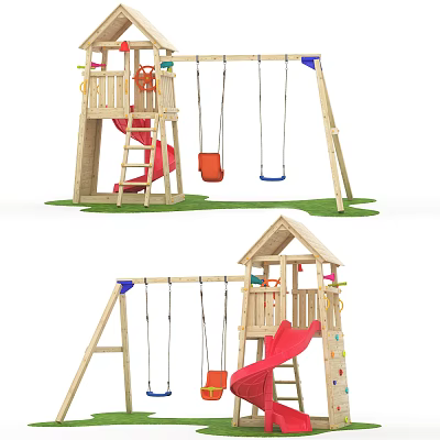Kindergarten Outdoor Playground With Wooden Swing Set Slide And Climbing Frame 3d model