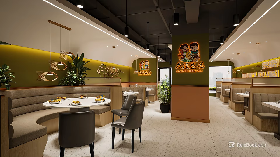 Vibrant Restaurant Interior With Green Walls Orange Pillars Cartoon Murals And Round Dining Tables 3d model 