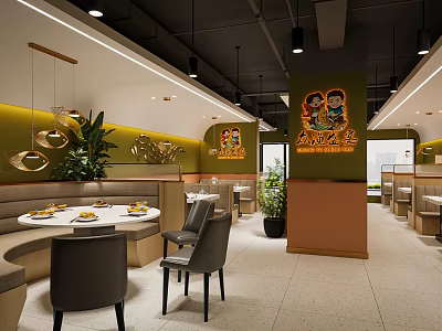 Vibrant Restaurant Interior With Green Walls Orange Pillars Cartoon Murals And Round Dining Tables 3d model