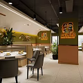 Vibrant Restaurant Interior With Green Walls Orange Pillars Cartoon Murals And Round Dining Tables