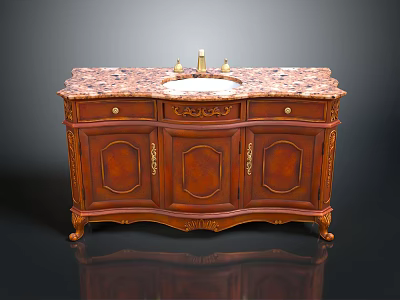 Traditional Wooden Bathroom Vanity With Marble Countertop And Carved Brass Fixtures 3d model