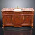 Traditional Wooden Bathroom Vanity With Marble Countertop And Carved Brass Fixtures