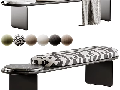 Modern Minimalist Bench With Black And White Striped Cushion And Metal Frame 3d model