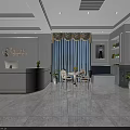 Luxury Hotel Lobby With Reception Desk Marble Flooring Curtains Tables Chairs And Plants