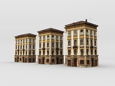European Style Architecture Three Adjacent Buildings With Yellow Brown Facade Multiple Windows And Sloped Roof 3d model