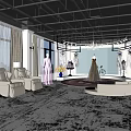 Elegant Bridal Shop Interior With Hanging Wedding Dresses Chandeliers Large Windows Sofa And Rug