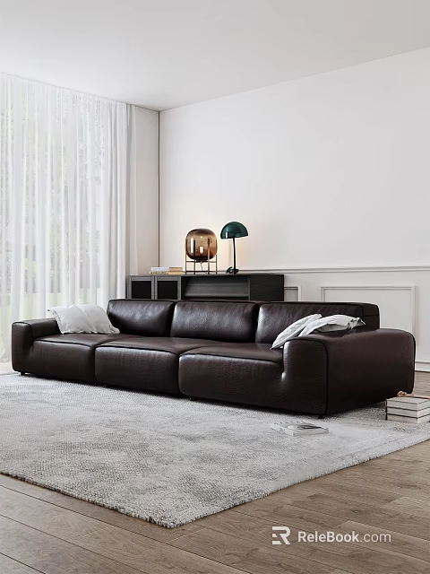 Dark Brown Leather Three Seater Sofa With White Cushions And Throw 3d model 