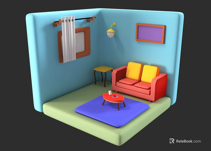 Cartoon Living Room Scene With Blue Walls Red Sofa Yellow Cushions And Blue Rug 3d model 