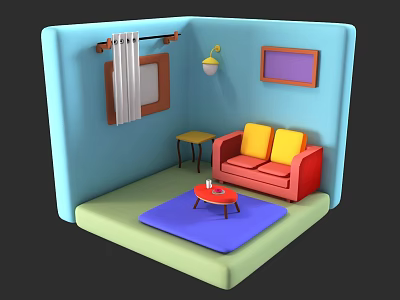 Cartoon Living Room Scene With Blue Walls Red Sofa Yellow Cushions And Blue Rug 3d model