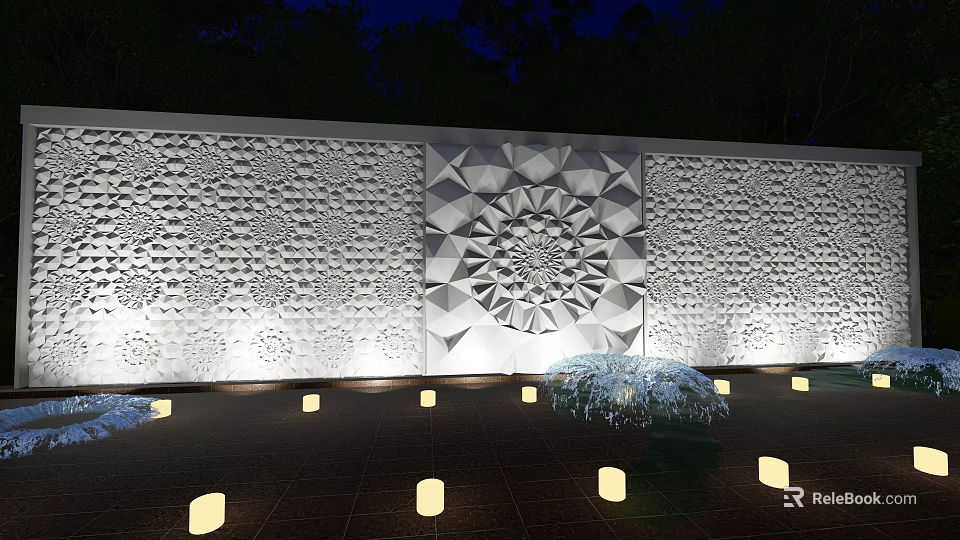 Feature Wall with Intricate Relief Carvings Central Geometric Design Ground Lights and Potted Plants at Night 3d model 