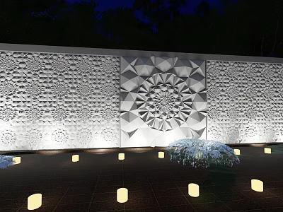Feature Wall with Intricate Relief Carvings Central Geometric Design Ground Lights and Potted Plants at Night 3d model