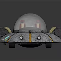 Vintage Flying Saucer Model With Transparent Dome Metal Surface Yellow Stripes And Side Engines
