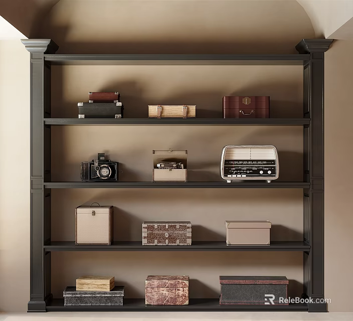 Decorative Ornaments Combination on Dark Gray Shelf with Vintage Camera Radio Boxes and Books 3d model 