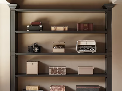 Decorative Ornaments Combination on Dark Gray Shelf with Vintage Camera Radio Boxes and Books 3d model