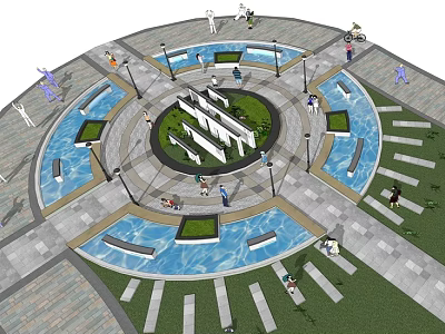 Circular Square Landscape with Central Fountains Surrounding Water Features Pedestrian Walkways and Public Activity Spaces 3d model