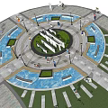 Circular Square Landscape with Central Fountains Surrounding Water Features Pedestrian Walkways and Public Activity Spaces