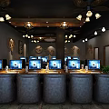 Industrial Style Internet Cafe Interior With Metal Partitions Red Sofas Computers And Pendant Lights