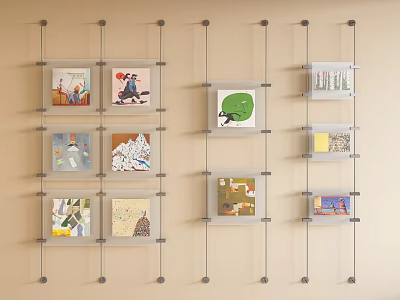 Abstract Paintings Display On Wall With Glass Shelves Neutral Beige Background And Artworks 3d model