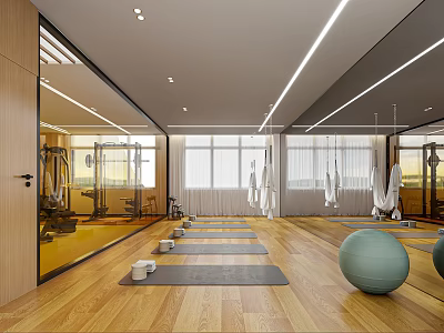 Bright Fitness Studio With Wooden Floors Yoga Mats Exercise Balls Mirror Walls And Fitness Equipment 3d model
