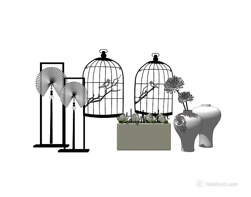 Stylish Decorative Ornament Set with Birdcages Fans Vases and Potted Plants 3d model 