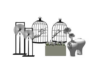 Stylish Decorative Ornament Set with Birdcages Fans Vases and Potted Plants 3d model