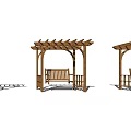 Three Outdoor Wooden Pergolas With Benches Against Clear Blue Sky