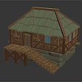Traditional Rustic Wooden Cottage Exterior With Green Roof Blue Windows And Wooden Steps