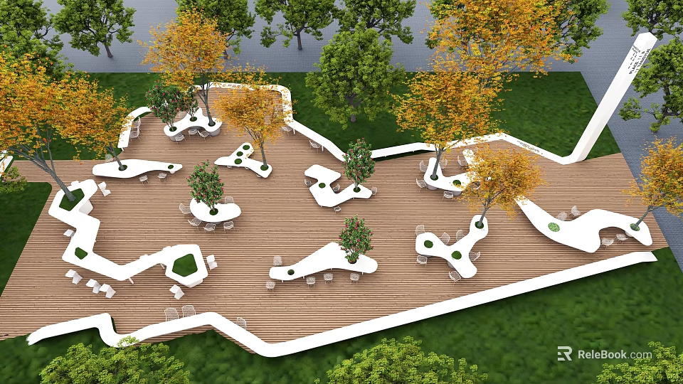 Scenic Outdoor Seating Space with Wooden Deck Tables Chairs Autumn Trees and Green Grass 3d model 