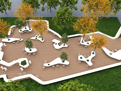 Scenic Outdoor Seating Space with Wooden Deck Tables Chairs Autumn Trees and Green Grass 3d model