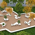Scenic Outdoor Seating Space with Wooden Deck Tables Chairs Autumn Trees and Green Grass