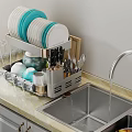 Kitchen Dish Rack With Plates Bowls Knives Spoons And Glasses By Stainless Steel Sink