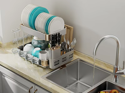 Kitchen Dish Rack With Plates Bowls Knives Spoons And Glasses By Stainless Steel Sink 3d model