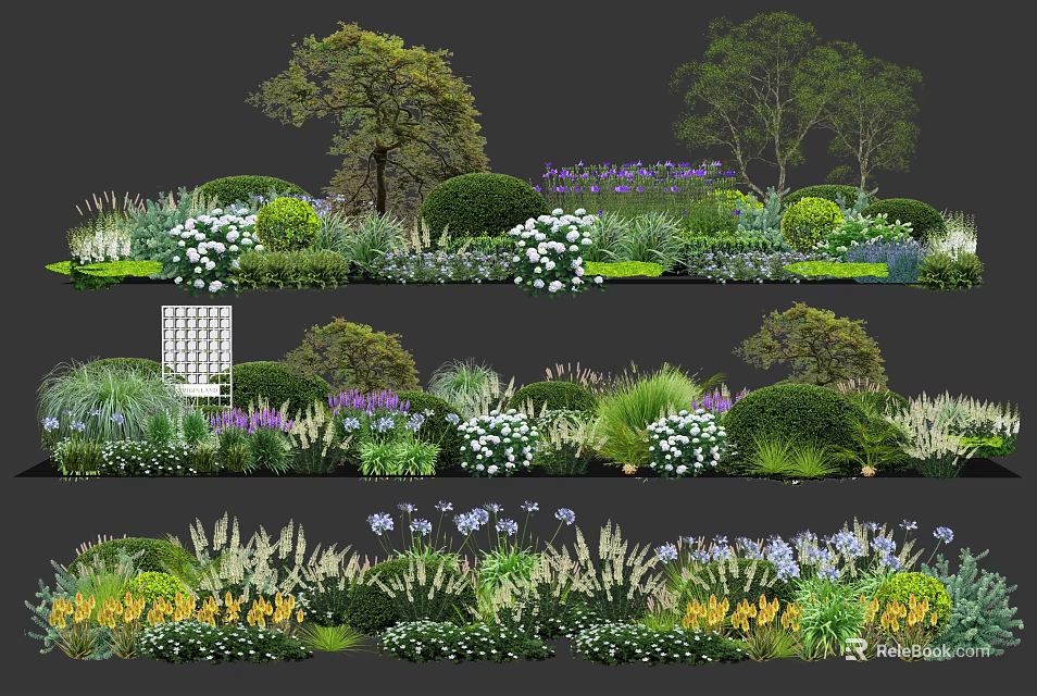 Various Types Of Garden Shrubs With Green Leaves And Colorful Flowers 3d model 