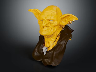 Yellow Mythical Creature Bust With Large Pointed Ears Sharp Fangs And Dark Cloak 3d model