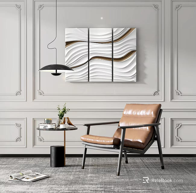 Elegant Modern Single Leather Sofa In Living Room Interior With Side Table And Pendant Light 3d model 