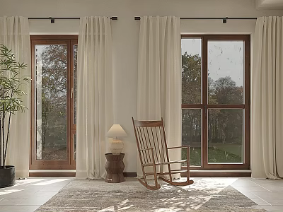 Beige Curtains In Cozy Space With Large Windows 3d model