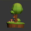 Low Poly Style Cartoon Fox Game Character with Green Tree Red Mushrooms on Small Island