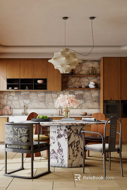 Modern Restaurant Interior With Wooden Cabinets Stone Wall Pendant Light And Marble Dining Table 3d model 