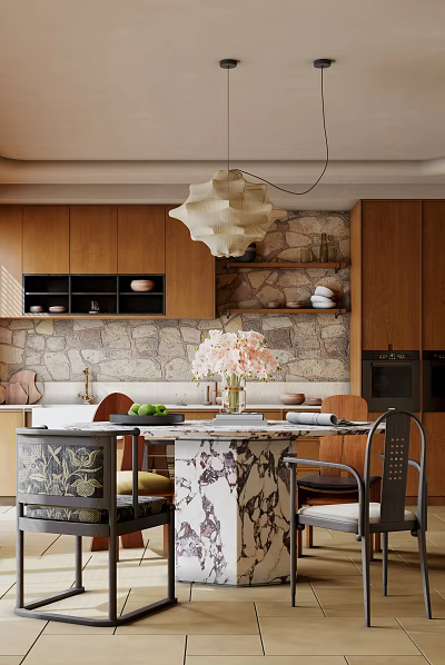 Modern Restaurant Interior With Wooden Cabinets Stone Wall Pendant Light And Marble Dining Table 3d model