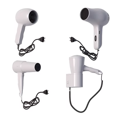 White Electric Hair Dryers With Different Styles For Daily Use And Power Cords 3d model