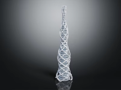 White Tower Structure With Complex Intertwined Lines Spiral Design Shiny Reflective Surface On Dark Background 3d model