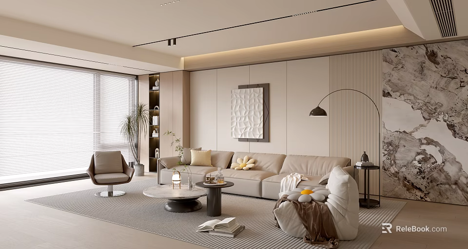 Modern Living Room Interior With Beige Sofa Round Coffee Table Floor Lamp And Decorative Painting 3d model 