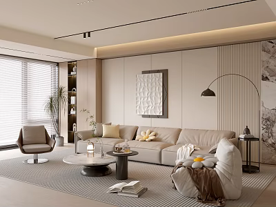 Modern Living Room Interior With Beige Sofa Round Coffee Table Floor Lamp And Decorative Painting 3d model