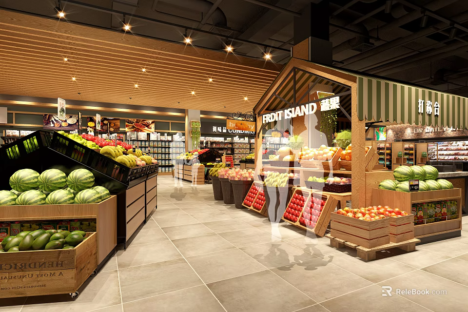 Supermarket Grocery Store Fresh Fruits Vegetables Display Section With Organic Produce 3d model 