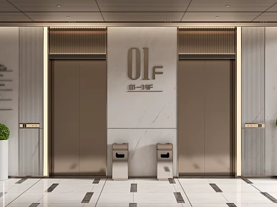Modern Elevator Lobby With Marble Wall Metallic Doors And Tile Floor 3d model