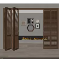 Wooden Louvered Folding Doors Opening to Interior Space with Fireplace and Decorative Wall Art