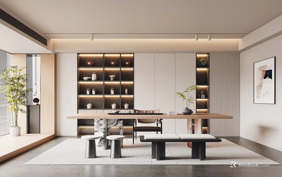 Modern Tea Room Interior With Long Table Shelves Tea Sets Soft Lighting And Green Plants 3d model 