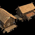 Two Traditional Wooden Houses With Thatch Roof And Rustic Design Elements
