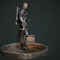 Man in Metal Armor Holding Scythe With Open Treasure Chest Standing On Circular Wooden Platform