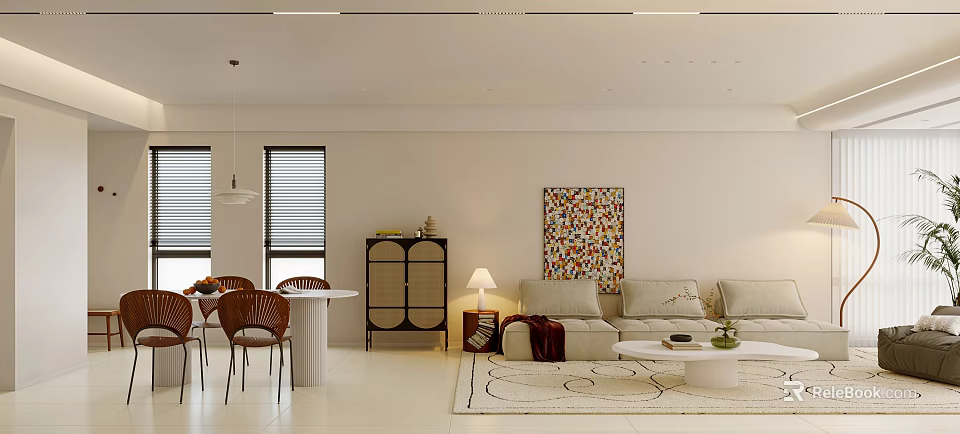 Stylish Living Dining Room Interior With Light Colored Sofa Dining Table And Colorful Painting 3d model 